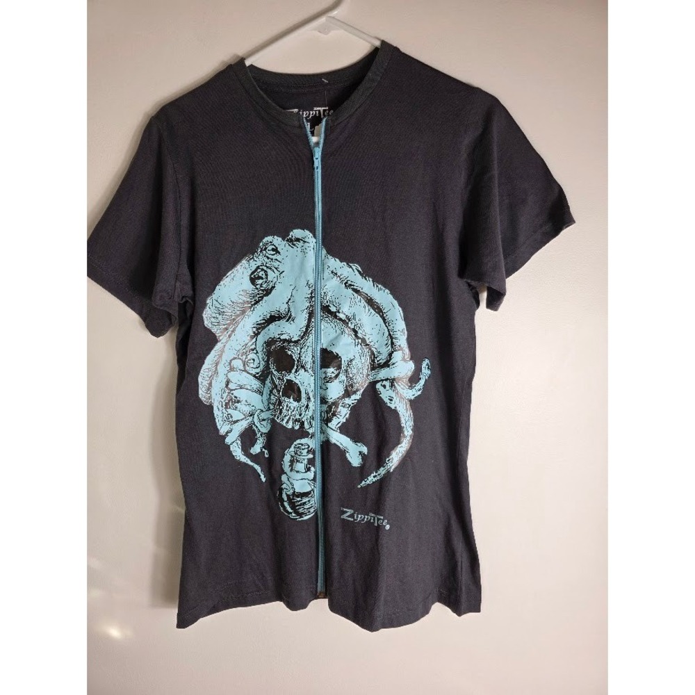 Zippitee Skull Octopus Graphic T-Shirt Zipper Accent Gray Large‎